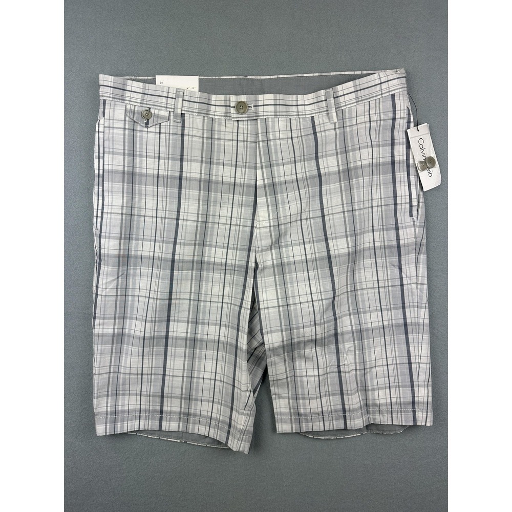 Calvin Klein Shorts Mens 34 White Plaid Chino Cotton Casual 10 Inseam Summer NWT